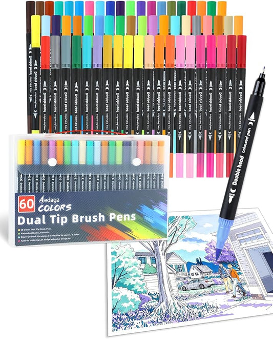 AEDAGA 60 Colors Dual Tip Brush Pens, Fine Felt Tip and Brush Tips Colored Pens by AEDAGA