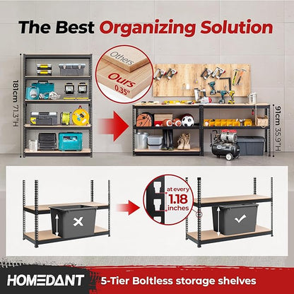 HOMEDANT 5 Tier Storage Shelves Adjustable Laminated Boltless Garage Metal - Image 3