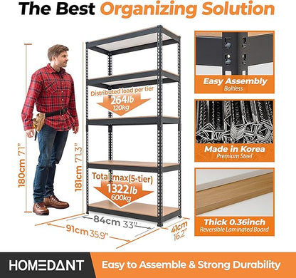 HOMEDANT 35.9" W 5 Tier Heavy Duty Garage Shelving Adjustable Metal Rack - Image 2