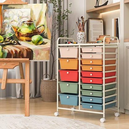 COSTWAY 15 Drawers Storage Cart, Mobile Tools Scrapbook Paper Organizer Cart - Image 7