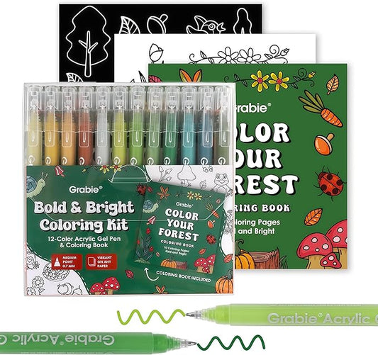 Grabie 12Colors Acrylic Gel Pens&Coloring Book, Medium Point Colored Gel Pens by Grabie