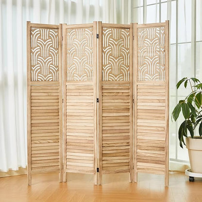 Svimi Folding Room Divider, 66.9 Inch 4 Panels Wood Carved Privacy Screens - Image 8