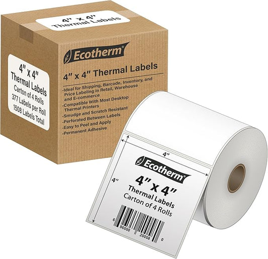 4" x 4" Thermal Labels | 4 Rolls | 1508 Labels | fits Zebra, Offnova Thermal by EcothermProducts