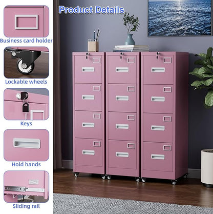 METAN 4 Drawer File Cabinet on Wheels, Lockable Metal Filing Cabinet - Image 4