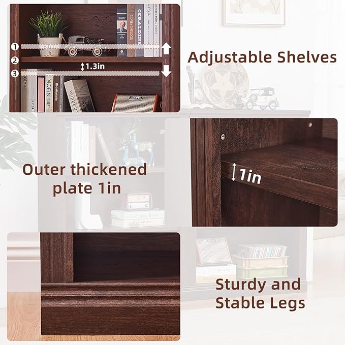RWYHG 43" Walnut Tall Bookshelf Set of 2, 3-Tier Thick Wooden Book Shelf - Image 5