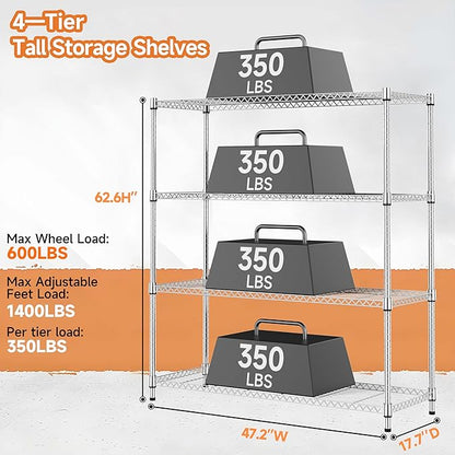 M MZG 4 Tiers Storage Shelves Load 1400LBS, Metal Shelving Wire Metal Shelving - Image 3