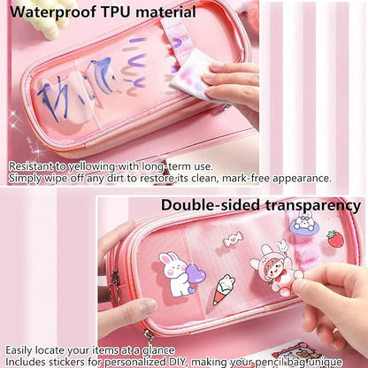 UINSUE Cute Pen case Adorable Bunny Transparent 3-Layer Large Capacity Pencil - Image 3