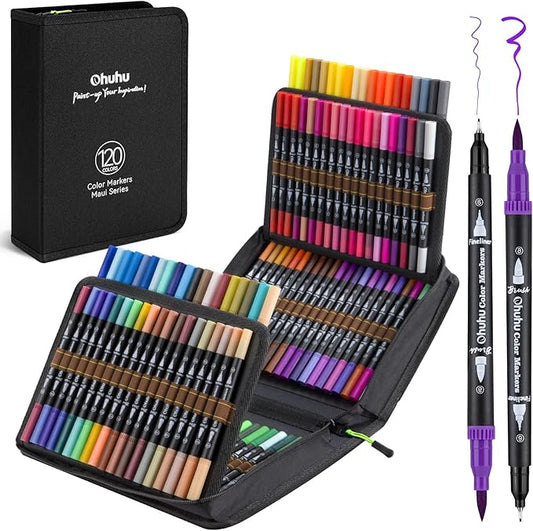 Ohuhu Markers for Adult Coloring Books: 120 Colors Brush Pens Dual Brush Fine by Ohuhu