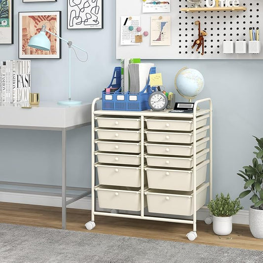 Happygrill 12-Drawer Rolling Storage Cart, 2 Sizes Plastic Drawers & Metal Shelf by HAPPYGRILL