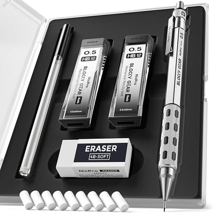 Nicpro Blocky Gear 0.5 mm Mechanical Pencil Set in Case, Metal Pencil by Nicpro