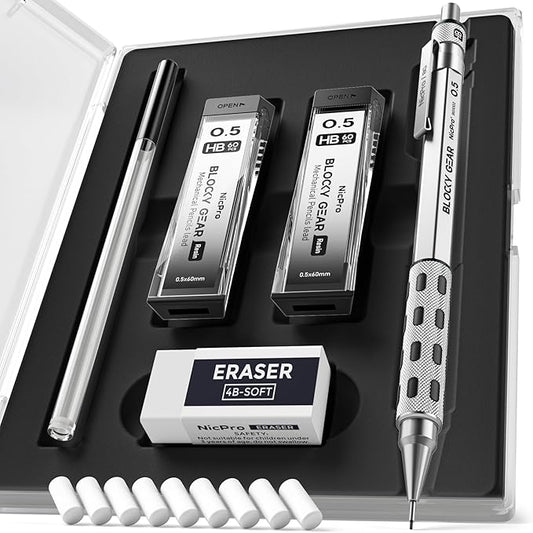 Nicpro Blocky Gear 0.5 mm Mechanical Pencil Set in Case, Metal Pencil by Nicpro