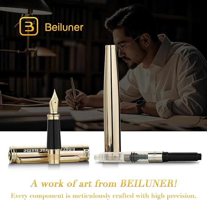 BEILUNER Gold Personalized Fountain Pen, Stunning Luxury Surface, 24K Gilded Nib - Image 7