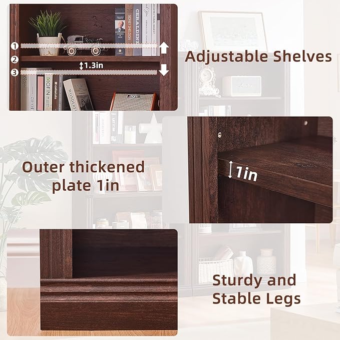RWYHG 70" Walnut Tall Bookshelf Set of 3, 5-Tier Thick Wooden Book Shelf - Image 5