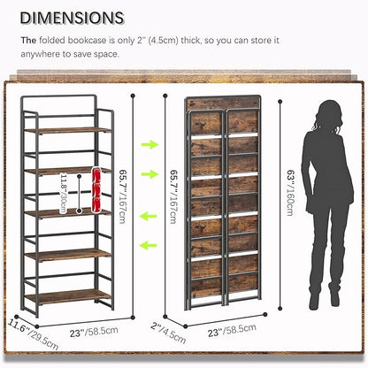 4NM No Assembly 5 Tiers Folding Bookshelf Storage Shelves Vintage Bookcase - Image 2