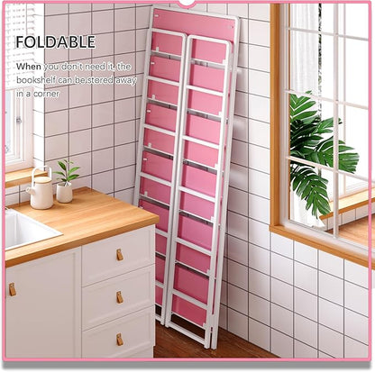 4NM No Assembly 6 Tiers Folding Bookshelf Storage Shelves Vintage Bookcase - Image 4