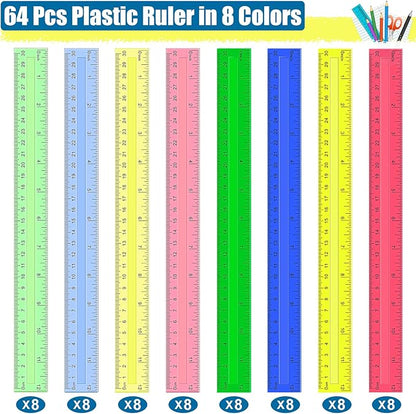 Ruler, 64 Packs 12 Inch Clear Plastic Assorted Color Metric Bulk Rulers - Image 2