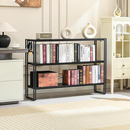 HCHQHS Bookshelf, 3-Tier Industrial Bookcase, Freestanding Horizontal - Image 2