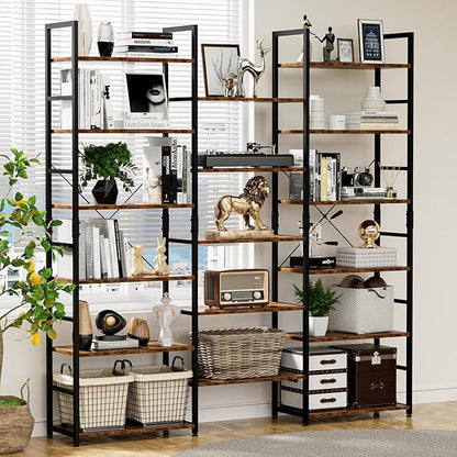 NUMENN Triple Wide 6 Tier Bookshelf, Rustic Industrial Style Bookcases and - Image 2