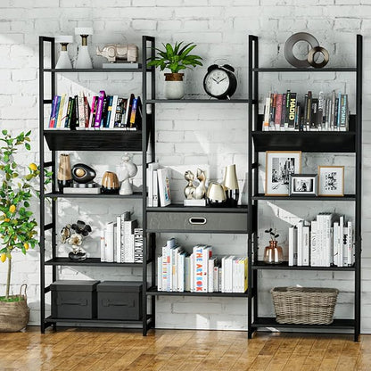 NUMENN Triple Wide 5 Tier Bookshelf, Adjustable Rustic Industrial Style Book - Image 5