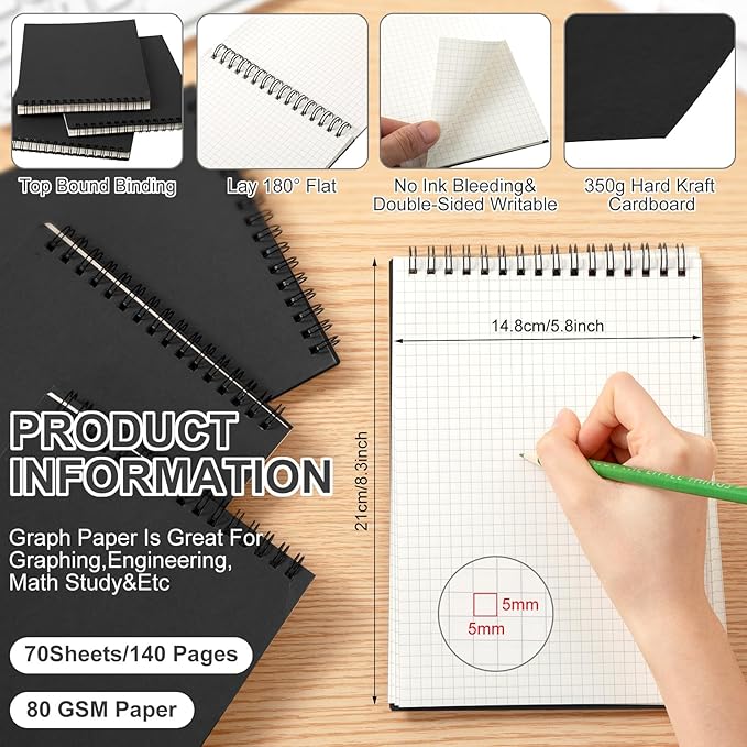 Engrowtic 48 Pack Graph Paper Spiral Notepad A5 Top Wirebound Notepad Grid - Image 2