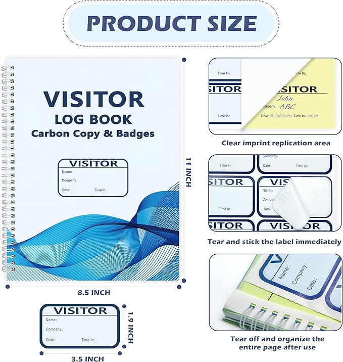 3 Pack Visitor Badges with Carbon Copy Visitor Stickers Letter Size Visitor Log - Image 2
