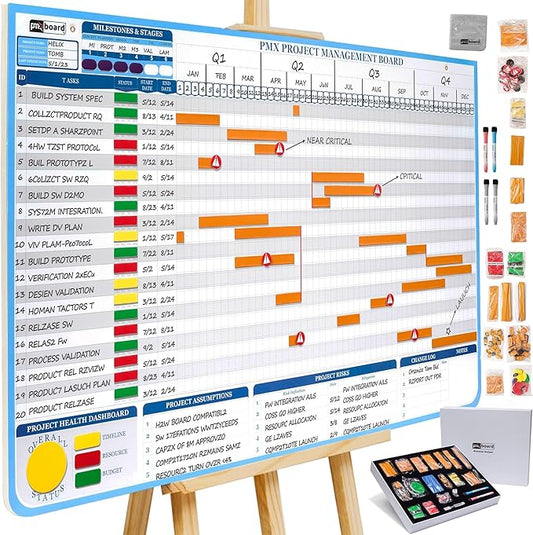 PMXBOARD Gantt Chart Project Whiteboard Kit | 668 Magnetic Pieces and Easel | by pmxboard-makethingsvisual