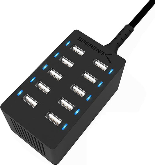 Sabrent 60 Watt 10-Port Family-Sized Desktop USB Rapid Charger. Smart USB Ports by SABRENT