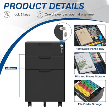 Fesbos 3 Drawer Vertical File Cabinet, Mobile Filling Cabinets - Image 7