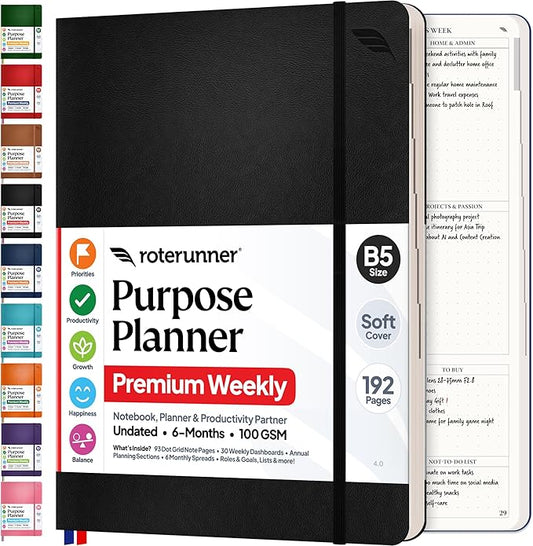 Roterunner Purpose Planner Notebook B5 7.5”x9.8” Undated 2026 Daily Weekly and by Roterunner