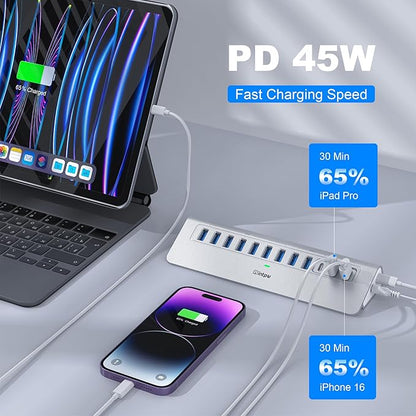 YH9AC Powered USB Hub 10Gbps, intpw 12 Port USB C Hub - Image 4