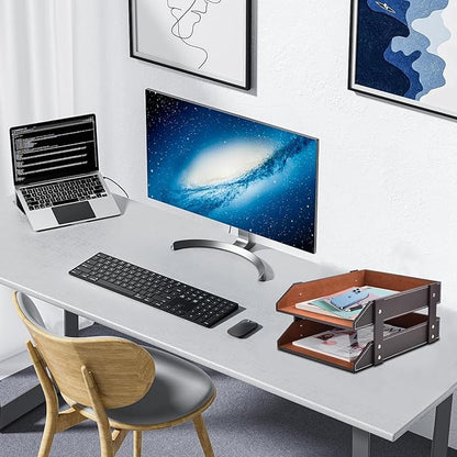 XNONE Leather Desk Organizer, 2-Tier Stackable Letter Tray Holder, Office - Image 7