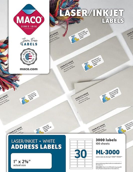 MACO ML3000 White Laser/Inkjet Shipping & Address Labels, 1 x 2 5/8 by Maco