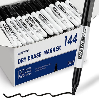 WOSWEL Dry Erase Markers Bulk, 144 Pack Black Chisel Tip Whiteboard Markers by WonderfulOptions