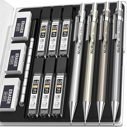 Nicpro 4 Pack Metal Mechanical Pencil Set 0.9mm, MB1000 Lead Drafting Pencil by Nicpro