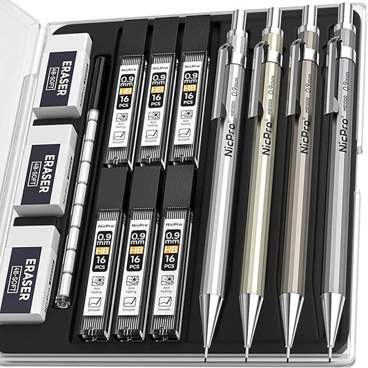 Nicpro 4 Pack Metal Mechanical Pencil Set 0.9mm, MB1000 Lead Drafting Pencil by Nicpro
