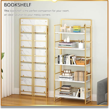 4NM No Assembly 5 Tiers Folding Bookshelf Storage Shelves Vintage Bookcase - Image 3