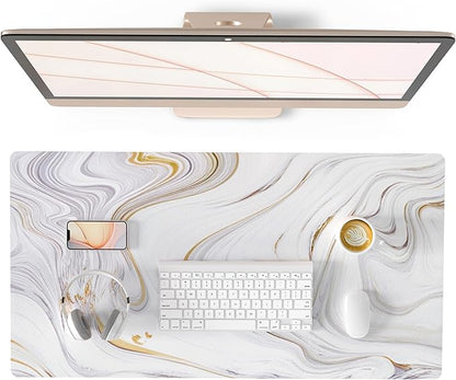 QIYI White Mouse Pad, Cute Marble Large Desk Mat, PU Leather Desk Protector by QIYI