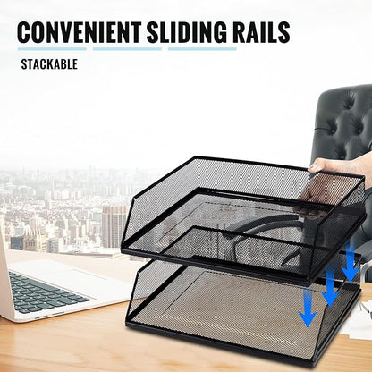 Hicarer 2 Pcs Black Metal Letter Tray Stackable Desk Tray Single Wire Mesh - Image 5