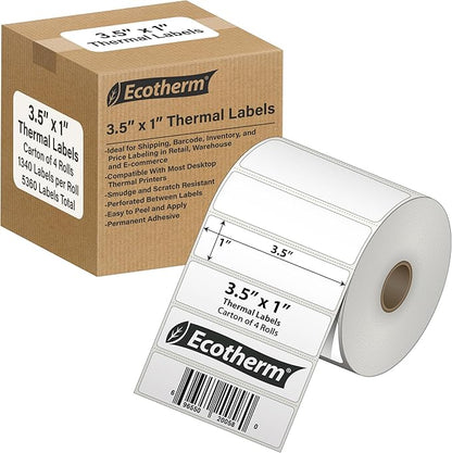3.5" x 1" Thermal Labels | 4 Rolls | 5360 Labels | fits Zebra, Offnova Thermal by EcothermProducts
