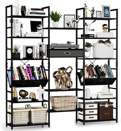 NUMENN Triple Wide 6 Tier Bookshelf, Adjustable Rustic Industrial Style Book by NUMENN