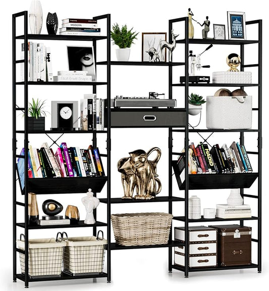 NUMENN Triple Wide 6 Tier Bookshelf, Adjustable Rustic Industrial Style Book by NUMENN