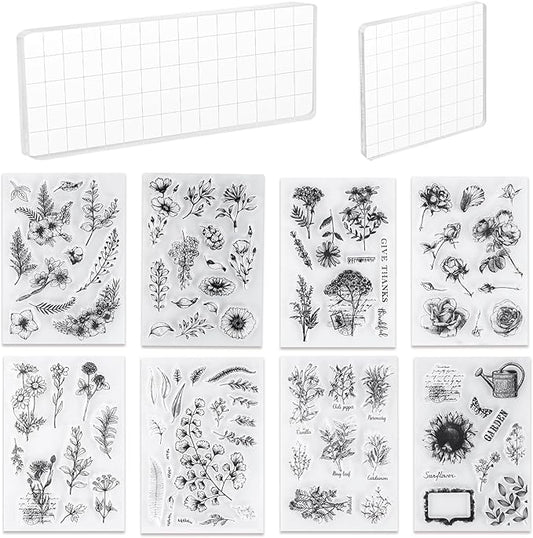 UCEC 8 Sheets Clear Stamps Set, Vintage Plants Flower Rubber Silicone Stamps by UCEC