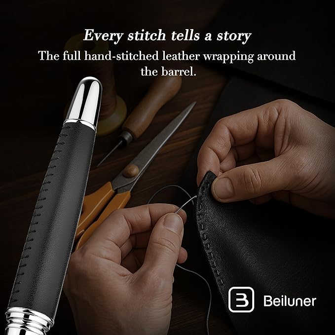 BEILUNER 318 Luxury Leather Pen, Hand-Stitched Premium Leather, Chrome-Plated - Image 3
