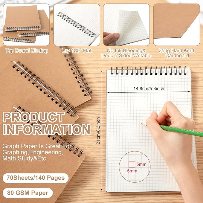 Engrowtic 6 Pack Graph Paper Spiral Notepad A5 Top Wirebound Notepad Grid - Image 2