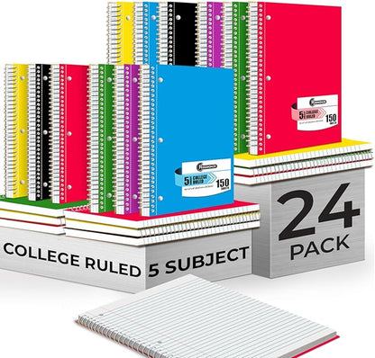 Rosmonde Bulk Spiral Notebook 24 Pack, 5 Subject, 300 Pages/Book, 8 x 10-1/2 by Rosmonde