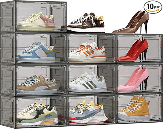 TOFWOF 10 Pack XX Large Shoe Organizer, Heavy-Duty Hard Thicken Plastic Clear by TOFWOF