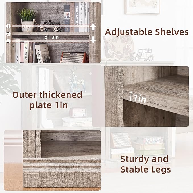 RWYHG 43" Grey Tall Bookshelf Set of 2, 3-Tier Thick Wooden Book Shelf - Image 5