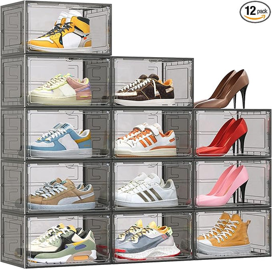 TOFWOF 12 Pack XX Large Shoe Organizer, Heavy-Duty Hard Thicken Plastic Clear by TOFWOF