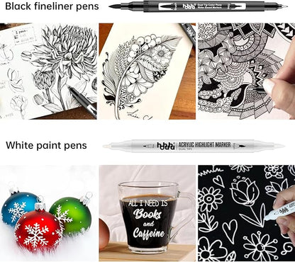 hhhouu 17Pack Dual Tip Black & White Brush Pens- Fineliner & Highlighting Set - Image 4