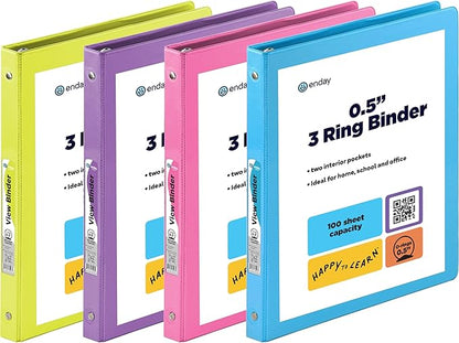 ½ Inch 3 Ring Binder .5 inch Clear View Cover by ENDAY